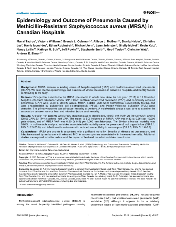 (PDF) Epidemiology and Outcome of Pneumonia Caused by Methicillin ...