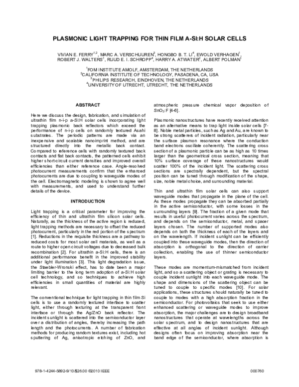 (PDF) Plasmonic light trapping for thin film A-SI:H solar cells