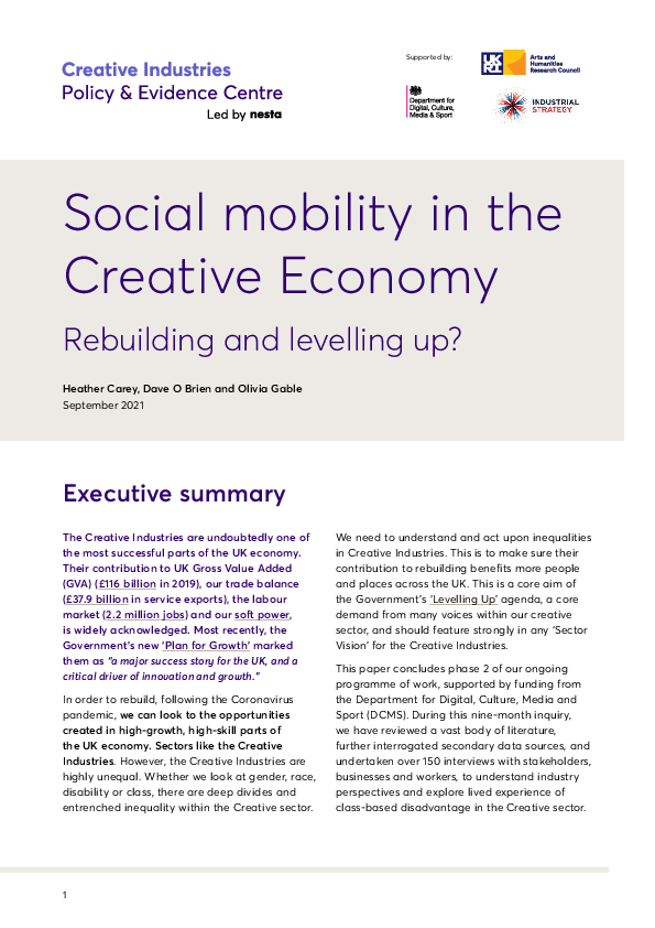 (PDF) Social mobility in the Creative Economy Rebuilding and levelling up