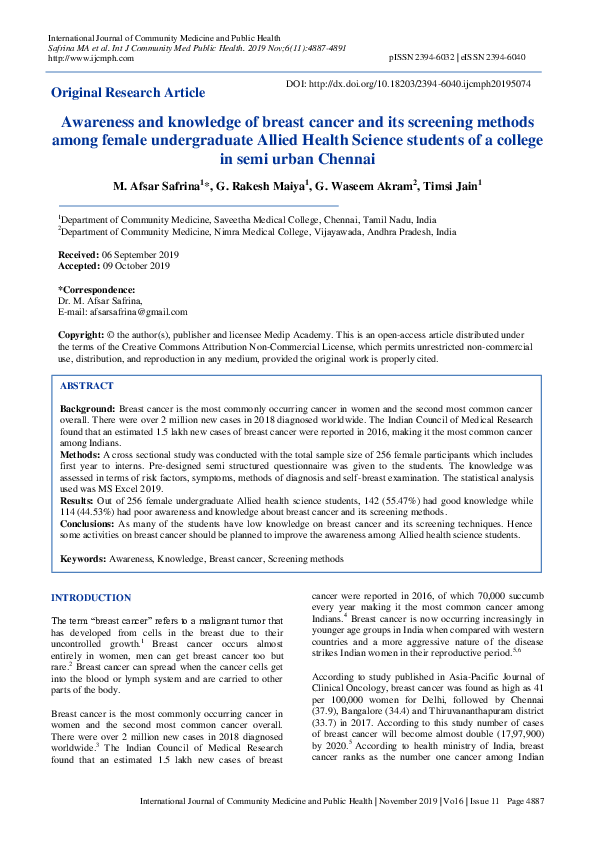 (PDF) Awareness and knowledge of breast cancer and its screening ...