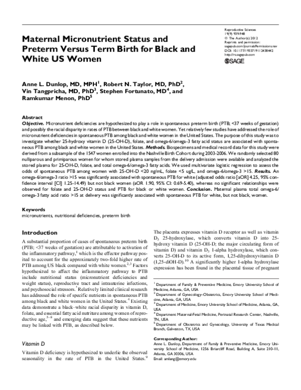 (PDF) Maternal Micronutrient Status and Preterm Versus Term Birth for ...