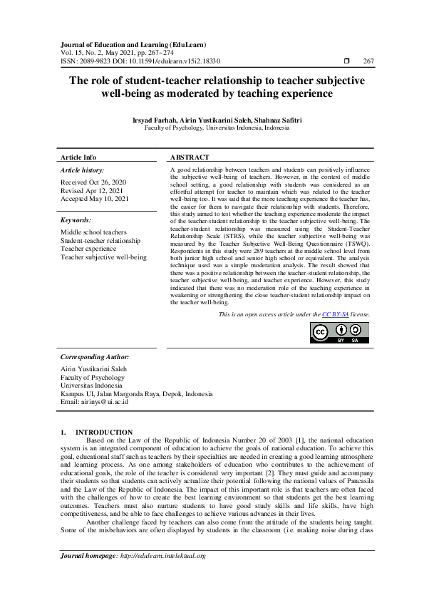 (PDF) The role of student-teacher relationship to teacher subjective ...