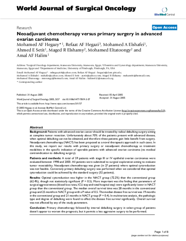 (PDF) Neoadjuvant Chemotherapy versus Primary Surgery in the Management ...