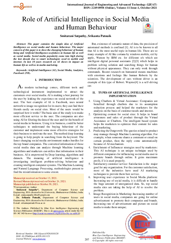 (PDF) Role of Artificial Intelligence in Social Media and Human Behaviour