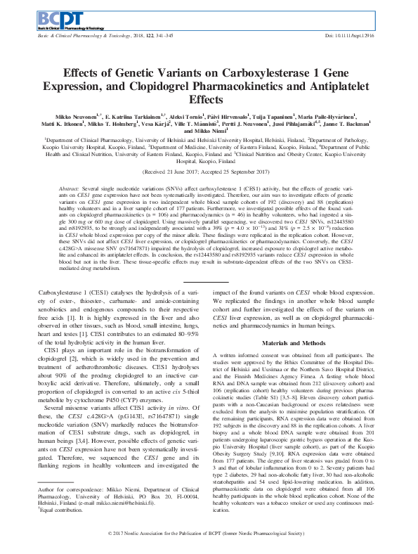 (PDF) Effects of Genetic Variants on Carboxylesterase 1 Gene Expression ...