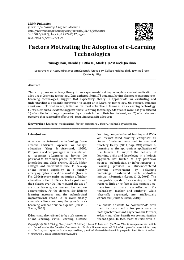 (PDF) Factors Motivating the Adoption of e-Learning Technologies