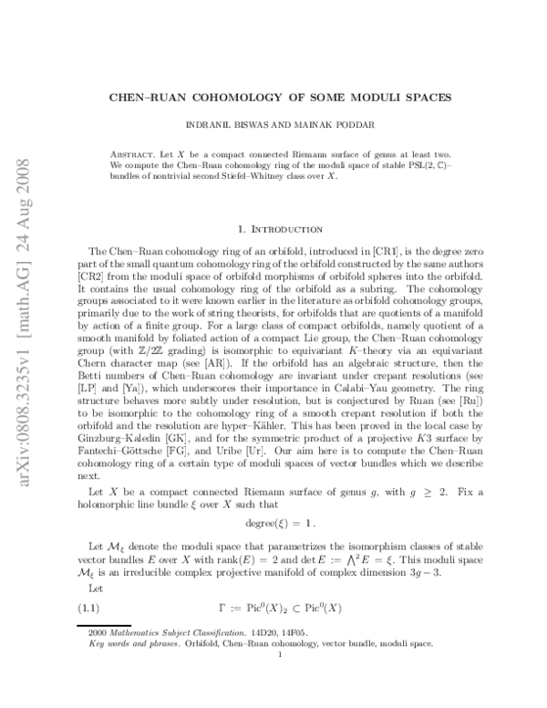 (PDF) The Chen-Ruan Cohomology of Some Moduli Spaces