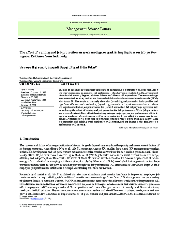 (PDF) The effect of training and job promotion on work motivation and ...
