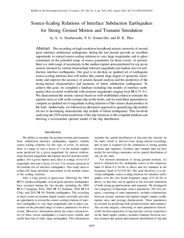 (PDF) Source‐Scaling Relations of Interface Subduction Earthquakes for ...