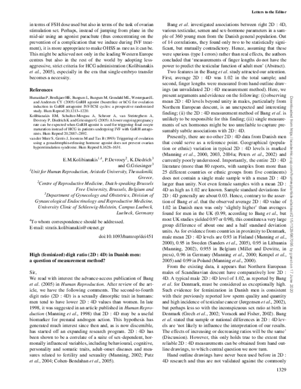 (PDF) High (feminized) digit ratio (2D 4D) in Danish men a question