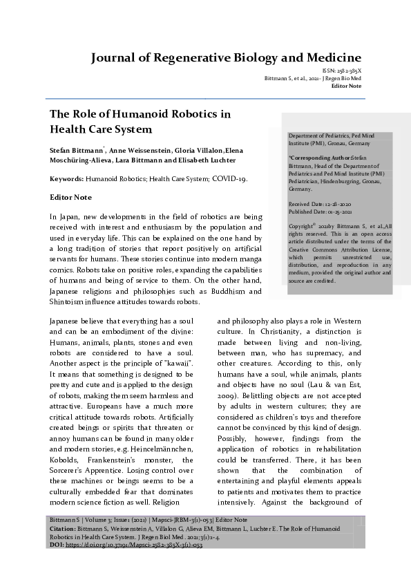(PDF) The Role of Humanoid Robotics in Health Care System