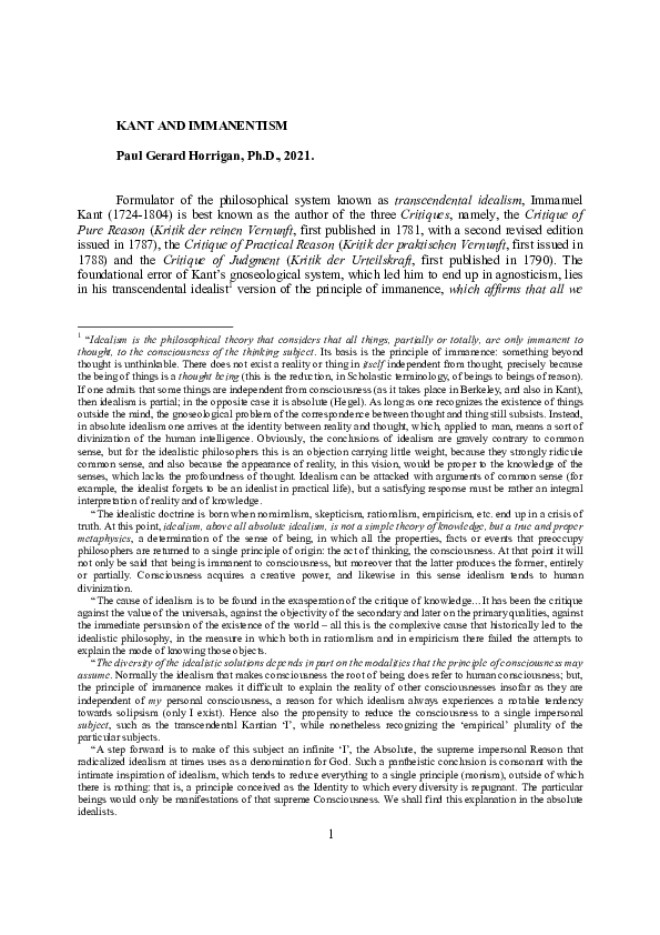 (PDF) Kant and Immanentism