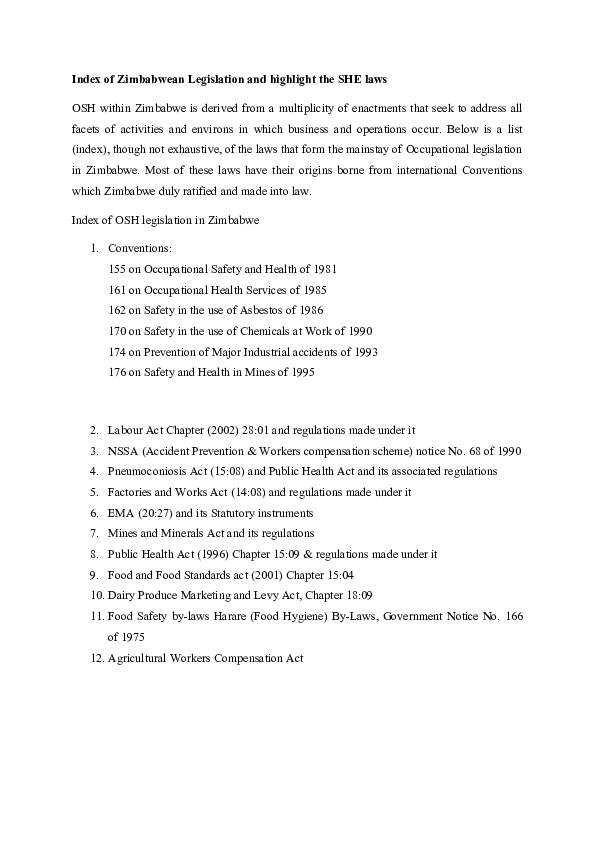 (DOC) Index of Zimbabwean Legislation and highlight the SHE laws