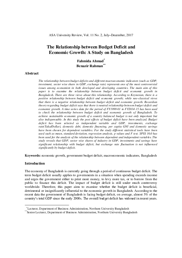 (PDF) The Relationship between Budget Deficit and Economic Growth: A ...