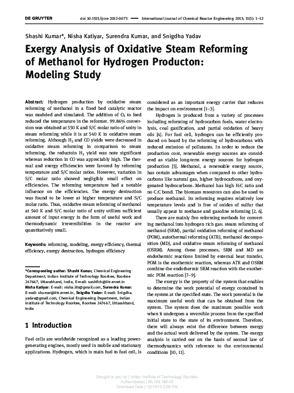 (PDF) Exergy Analysis of Oxidative Steam Reforming of Methanol for ...