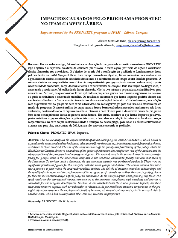 (PDF) IMPACTOS CAUSADOS PELO PROGRAMA PRONATEC NO IFAM CAMPUS LÁBREA ...
