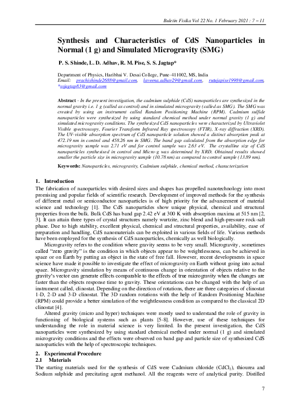 (PDF) Synthesis and Characteristics of CdS Nanoparticles in Normal (1 g ...