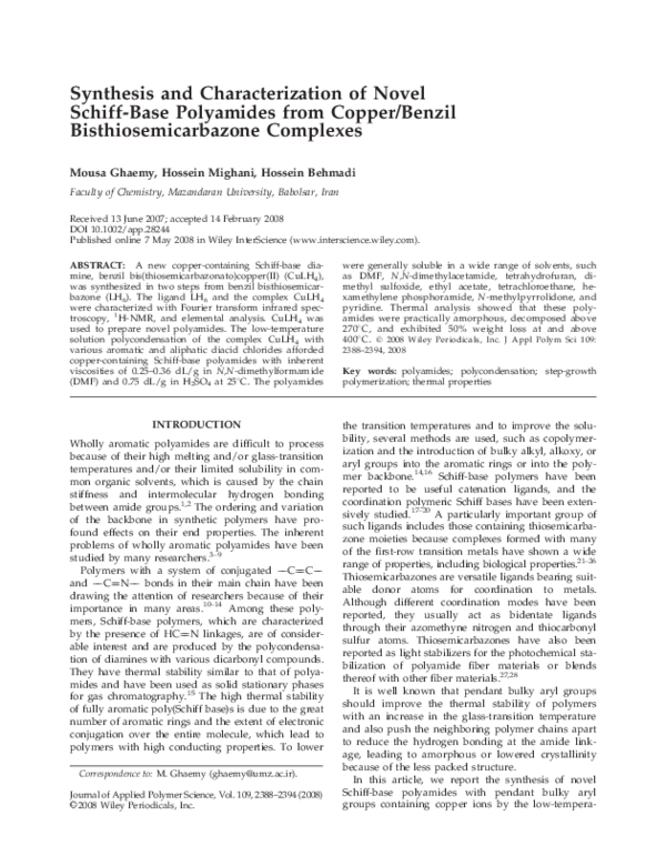 (PDF) Synthesis and characterization of novel Schiff-base polyamides ...