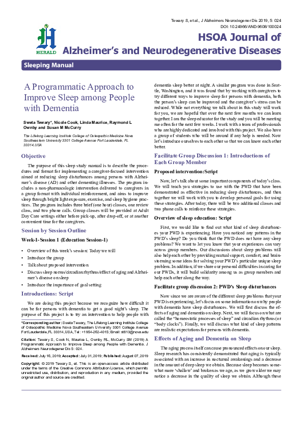 (PDF) A Programmatic Approach to Improve Sleep among People with Dementia