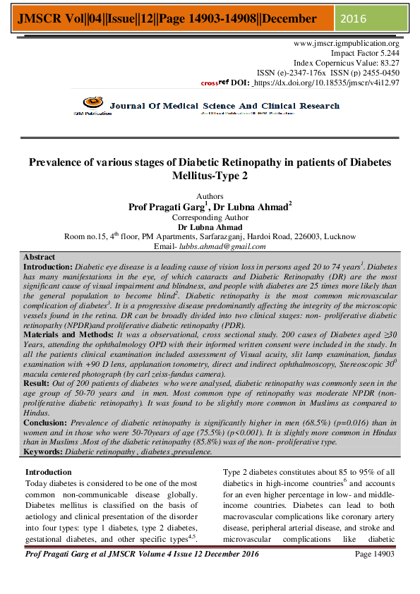 (PDF) Prevalence of various stages of Diabetic Retinopathy in patients ...