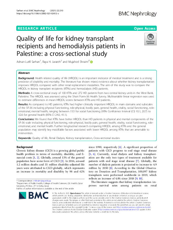 (PDF) Quality of life for kidney transplant recipients and hemodialysis ...
