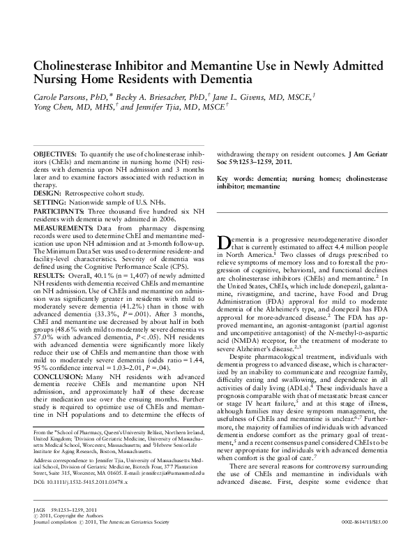 (PDF) Cholinesterase Inhibitor and Memantine Use in Newly Admitted ...
