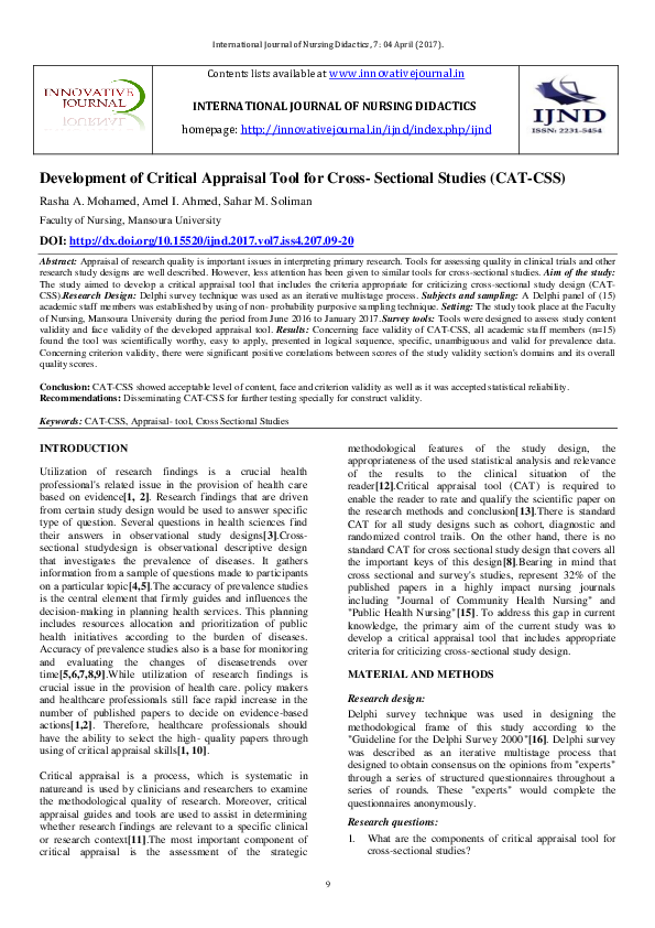 (PDF) Development of Critical Appraisal Tool for CrossSectional Studies (CATCSS
