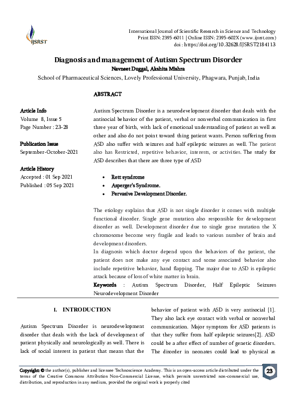 (PDF) Diagnosis and management of Autism Spectrum Disorder