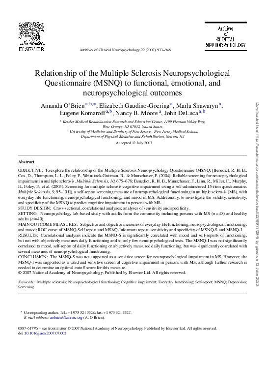 (PDF) Relationship of the Multiple Sclerosis Neuropsychological ...