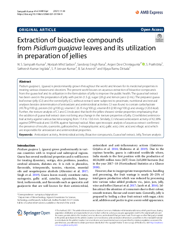 Extraction of bioactive compounds from Psidium guajava leaves and its utilization in preparation of jellies