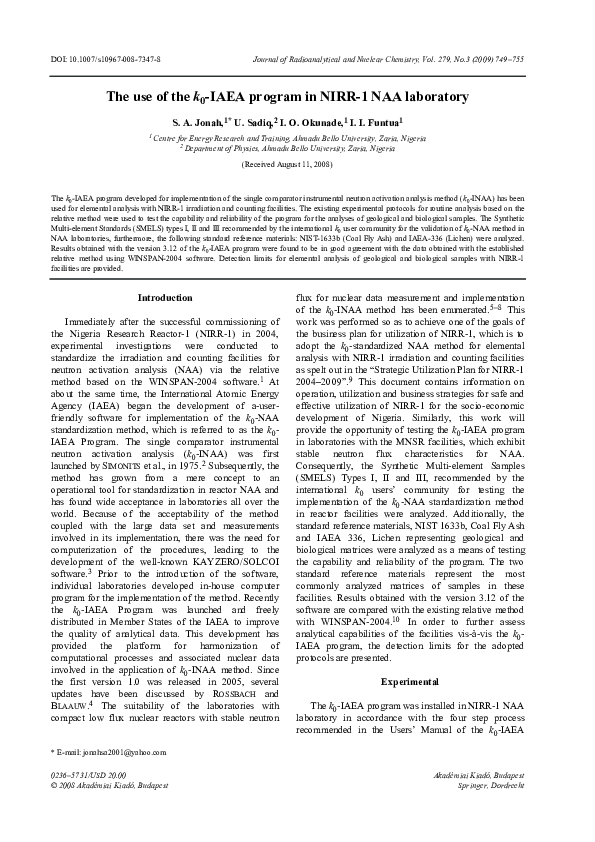 (PDF) The use of the k 0 IAEA program in NIRR-1 NAA laboratory