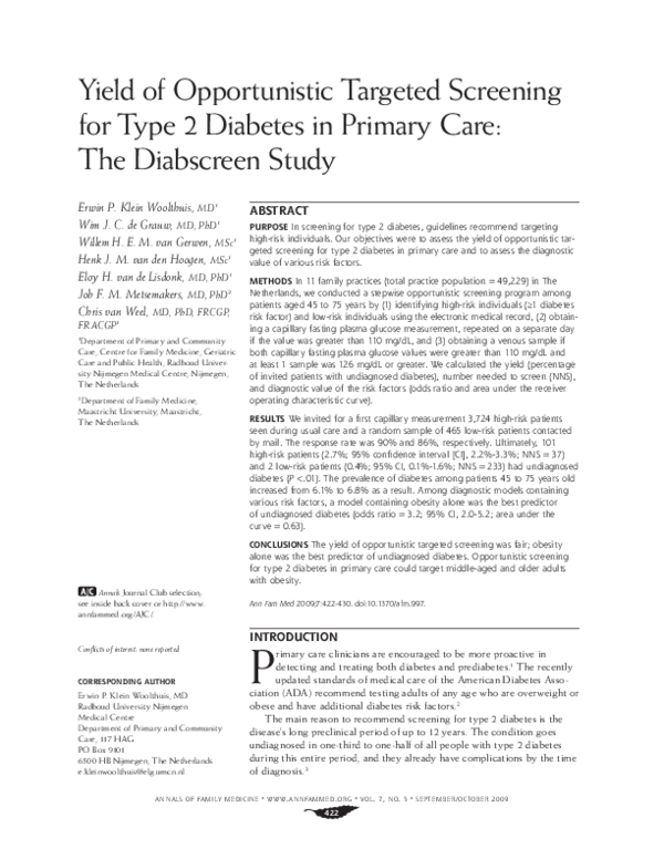 (PDF) Yield of Opportunistic Targeted Screening for Type 2 Diabetes in ...