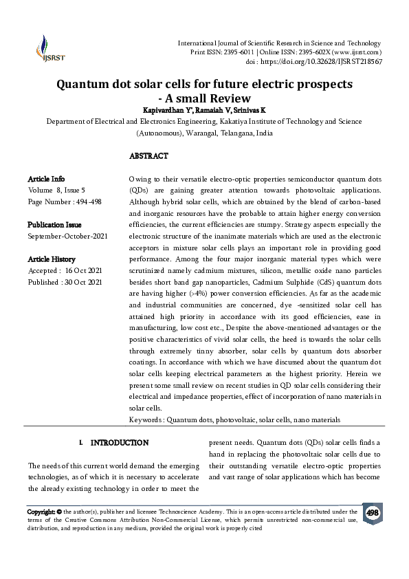 (PDF) Quantum dot solar cells for future electric prospects - A small ...
