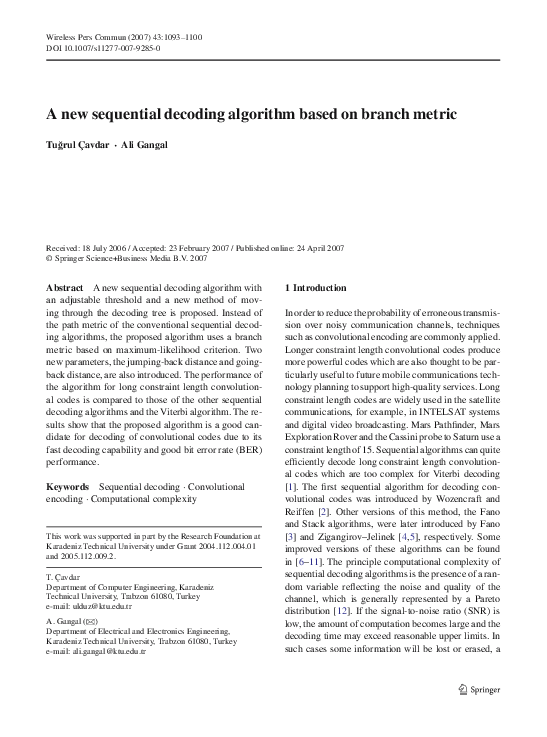 (PDF) A new sequential decoding algorithm based on branch metric