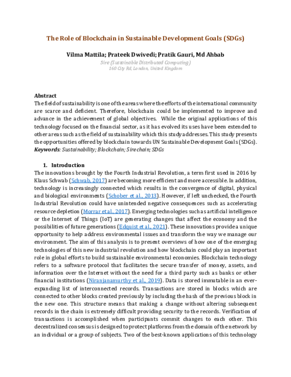 (PDF) The Role of Blockchain in Sustainable Development Goals (SDGs