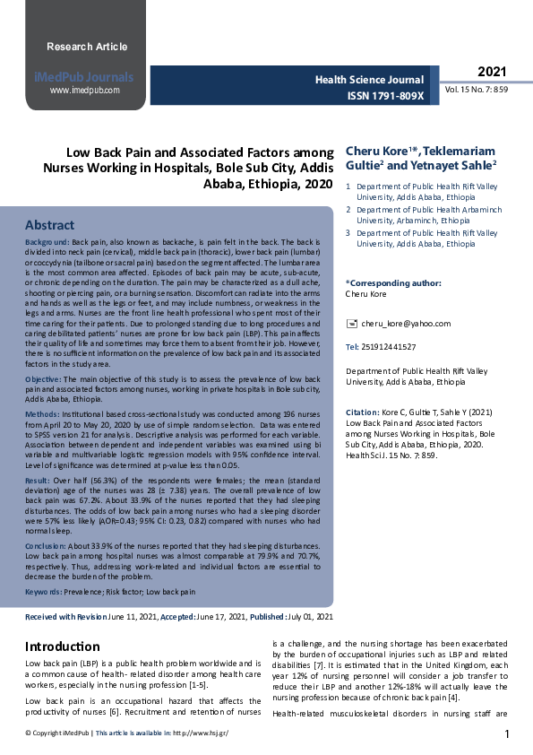 (PDF) Low Back Pain and Associated Factors among Nurses Working in ...