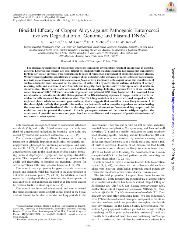 (PDF) Biocidal Efficacy of Copper Alloys against Pathogenic Enterococci ...