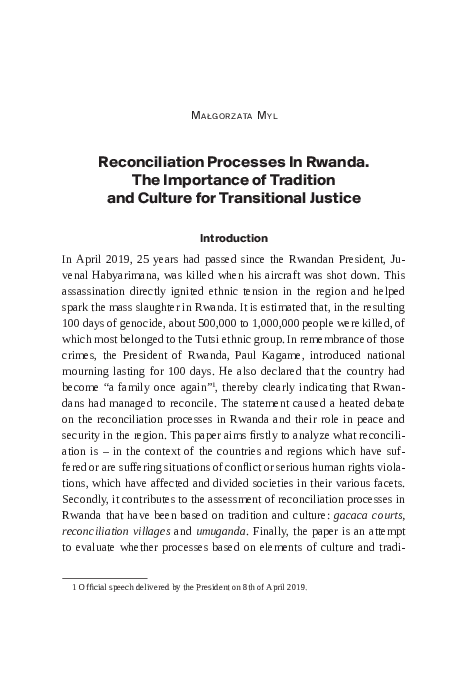 (PDF) Reconciliation Processes In Rwanda. The Importance of Tradition ...