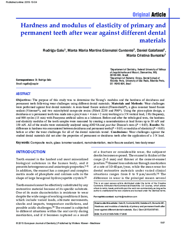 (PDF) Hardness and modulus of elasticity of primary and permanent teeth