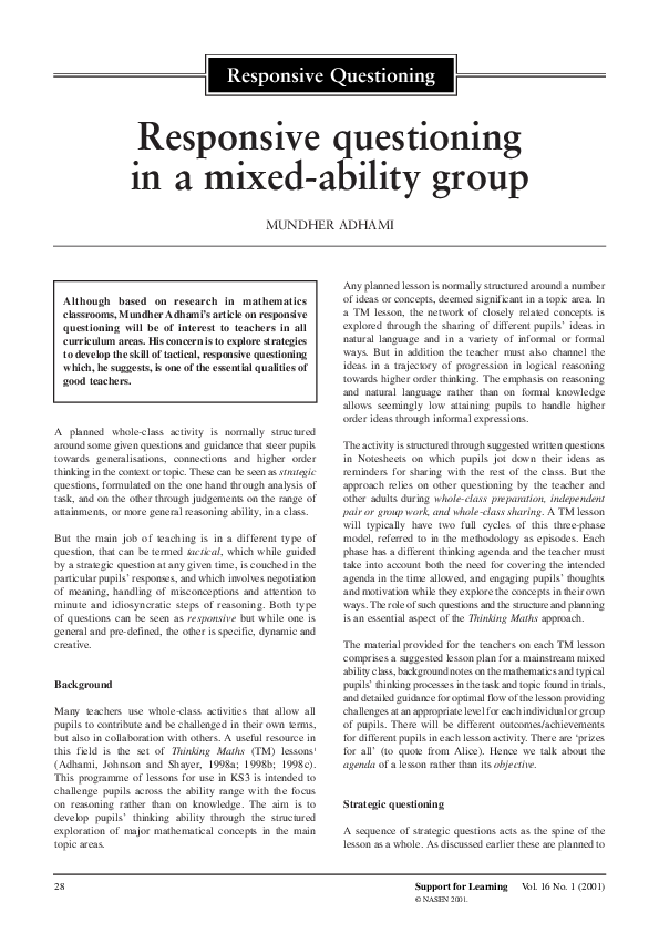 (PDF) Responsive questioning in a mixed‐ability group