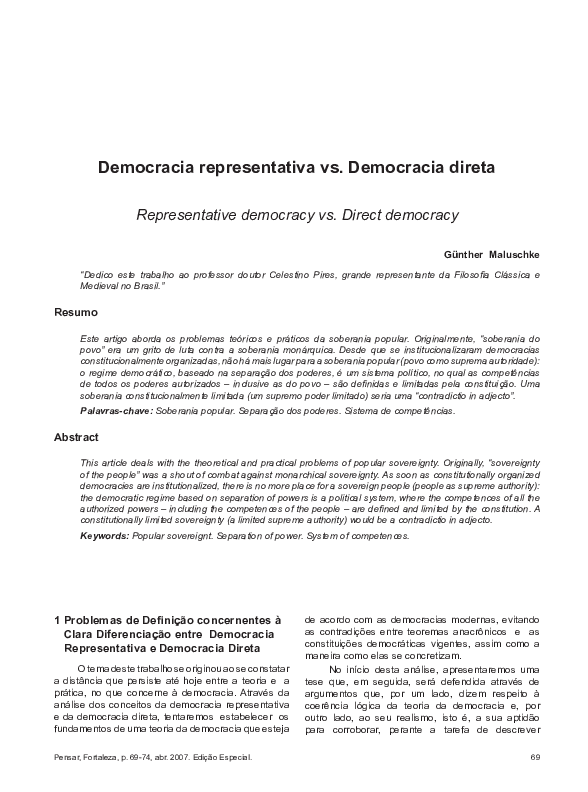(PDF) Democracia representativa vs. Democracia direta Günther Maluschke Academia.edu (PDF) Democracia representativa vs. Democracia direta Günther Maluschke Academia.edu