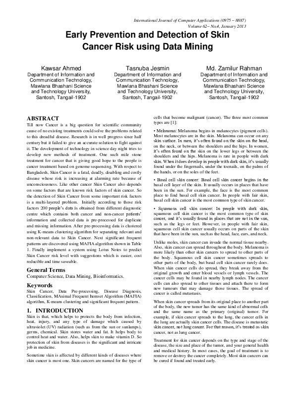 (PDF) Early Prevention and Detection of Skin Cancer Risk using Data Mining