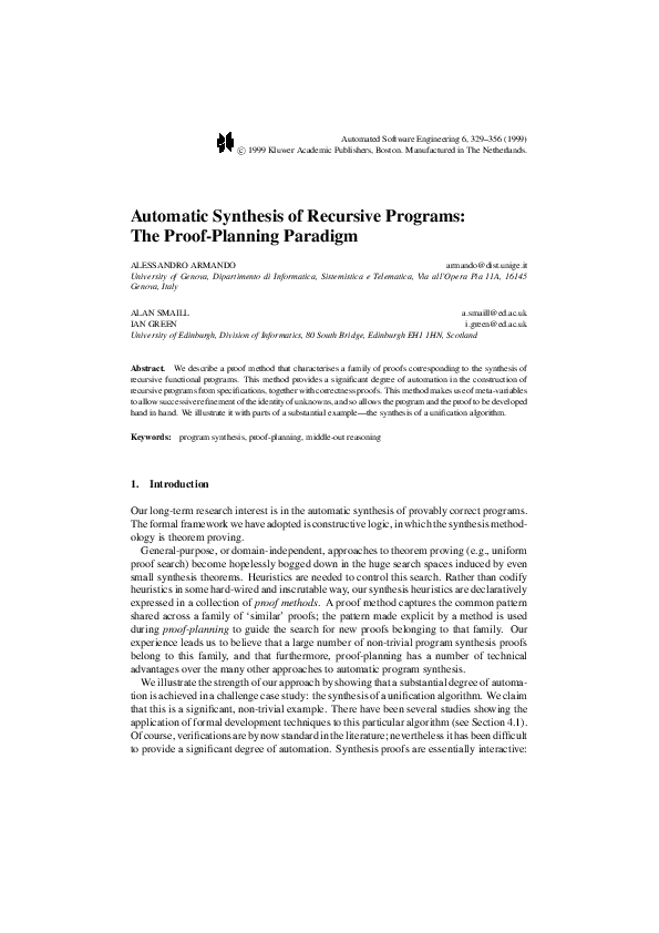 (PDF) Automatic synthesis of recursive programs: the proof-planning ...