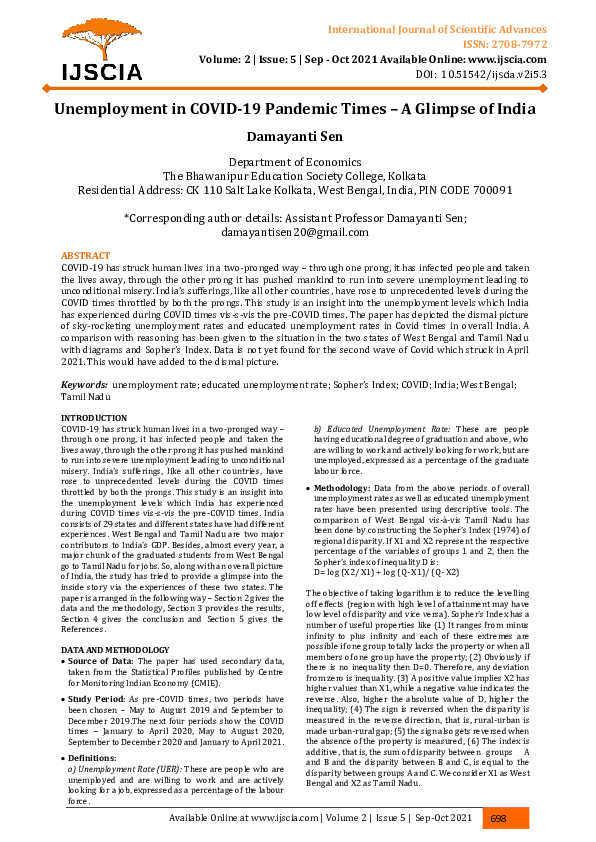 (PDF) Unemployment in COVID-19 Pandemic Times – A Glimpse of India