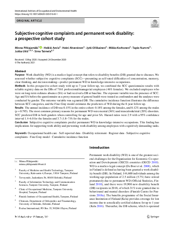 (PDF) Subjective cognitive complaints and permanent work disability: a ...