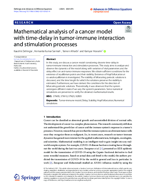 (PDF) Mathematical analysis of a cancer model with time-delay in tumor ...