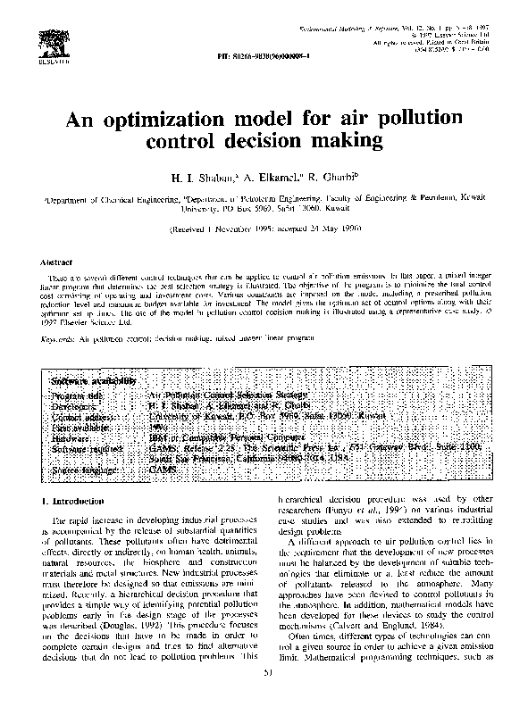 (PDF) An optimization model for air pollution control decision making