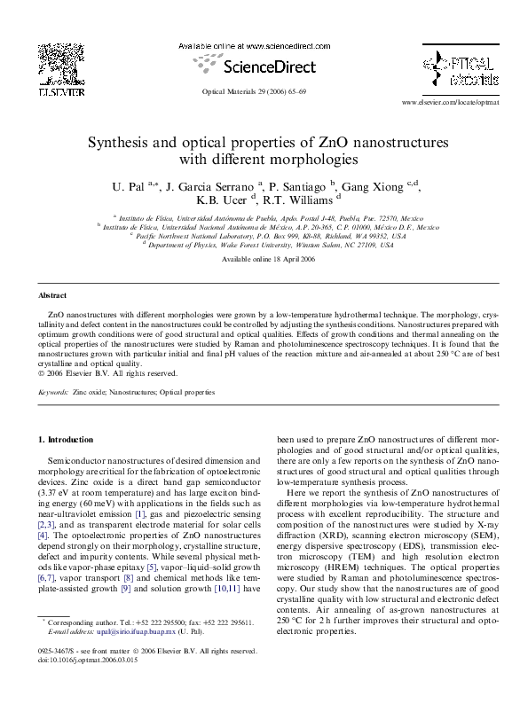 (PDF) Synthesis and optical properties of ZnO nanostructures with ...
