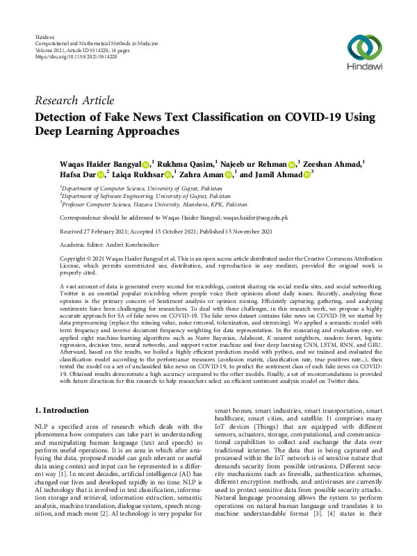 (PDF) Detection of Fake News Text Classification on COVID-19 Using Deep ...