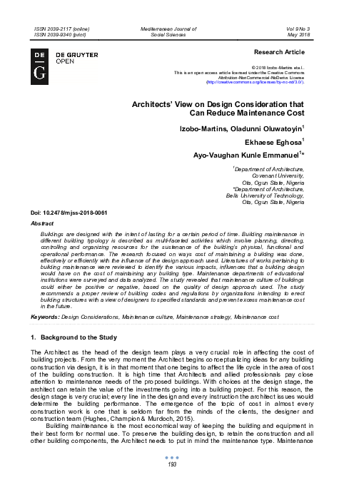 Architects’ View on Design Consideration that Can Reduce Maintenance Cost